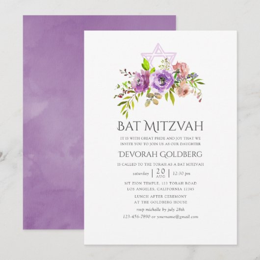 Lente Bloemige Bat Mitzvah Kaart (Voorkant / Achterkant)