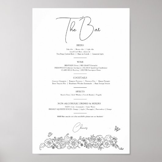 Lente bloemlijn kunst bruiloft drinken bar menu poster (Voorkant)