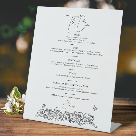 Lente bloemlijn kunst bruiloft drinken bar menu reclamebord met voetstuk