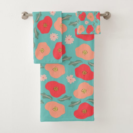 Lente Bloempatroon Handgetekend Turquoise Perzik Bad Handdoek (Insitu)