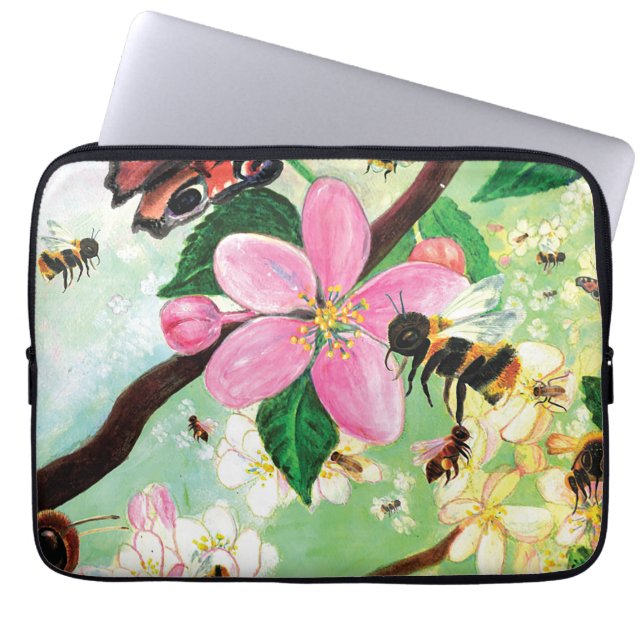 Lente bloesems met bijen laptop sleeve (Voorkant)