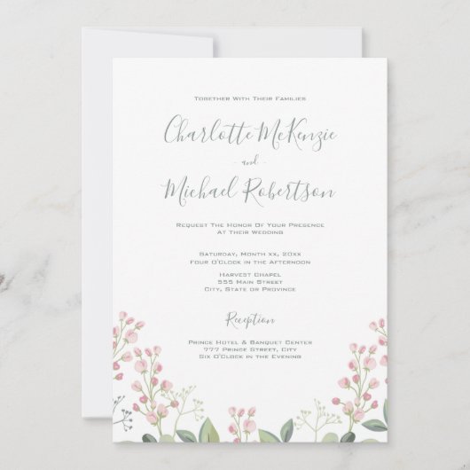 Lente Bloesems Roze Bloemen Munt Groene bruiloft Kaart (Voorkant)