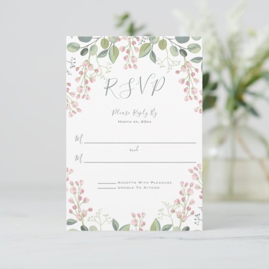 Lente Bloesems Roze Bloemen Munt Groene bruiloft RSVP Kaartje (Staand voorkant)