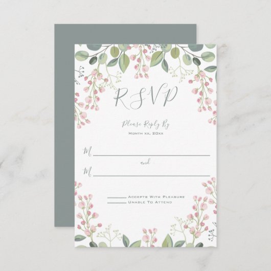Lente Bloesems Roze Bloemen Munt Groene bruiloft RSVP Kaartje (Voorkant / Achterkant)