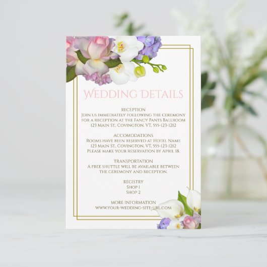Lente Boeket Bloemen Goud en Roze Bruiloft Informatiekaartje (Staand voorkant)