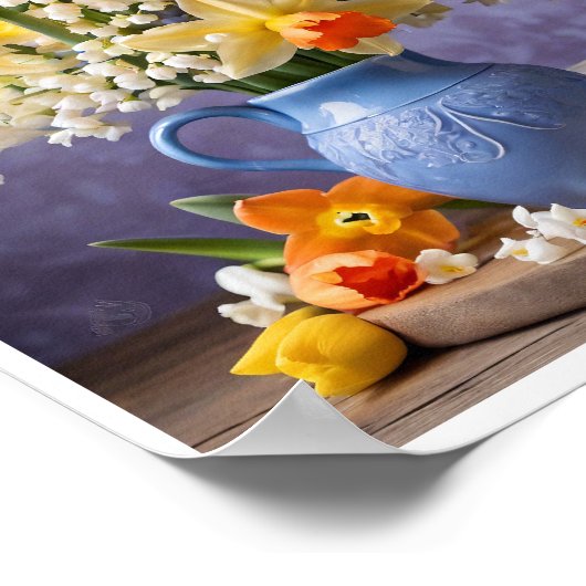 Lente Boeket van Daffodils Hyacinten Blauwe Vaas Poster (Hoek)