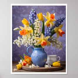 Lente Boeket van Daffodils Hyacinten Blauwe Vaas Poster