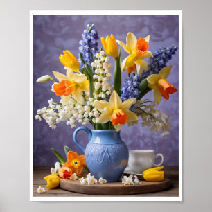 Lente Boeket van Daffodils Hyacinten Blauwe Vaas Poster