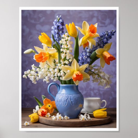 Lente Boeket van Daffodils Hyacinten Blauwe Vaas Poster (Voorkant)
