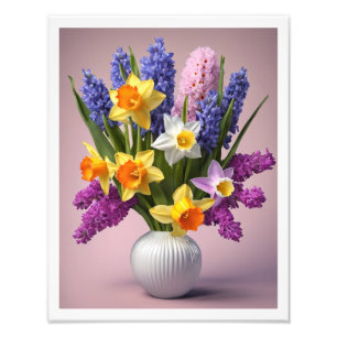 Lente Boeket van Daffodils Hyacinten Witte Vaas Foto Afdruk