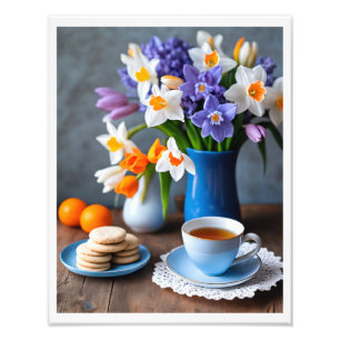 Lente boeket van Daffodils Hyacinths Teacup Foto Afdruk