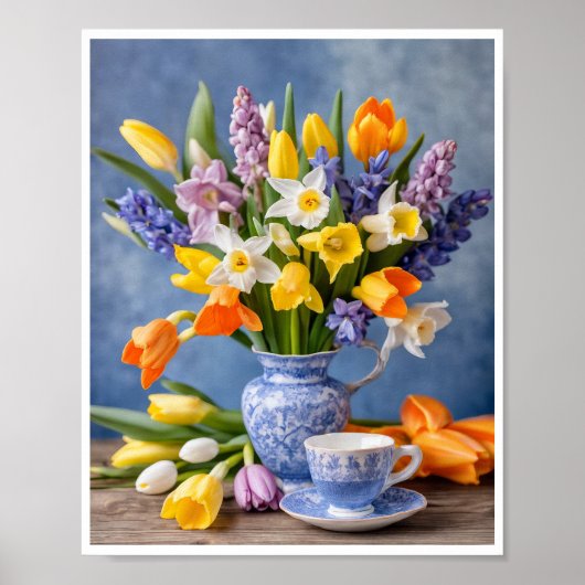 Lente boeket van Daffodils Tulpen Teacup Poster (Voorkant)