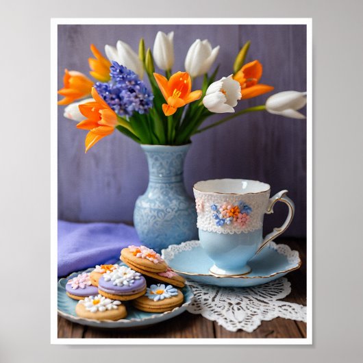 Lente Boeket van Daffodils Tulpen Thee Cookies Poster (Voorkant)