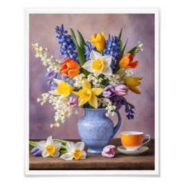 Lente Boeket van Vrolijke Daffodils Tulpen Teacup Foto Afdruk