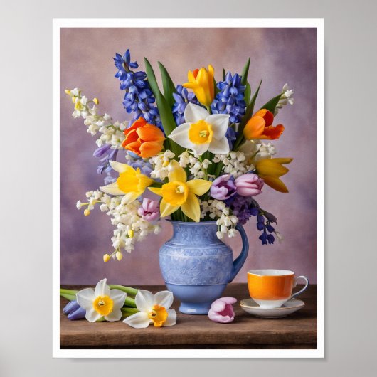 Lente Boeket van Vrolijke Daffodils Tulpen Teacup Poster (Voorkant)