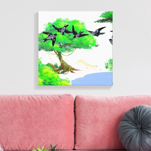 Lente Bos Leven met Vogels en Eekhoorn - Natuur Canvas Afdruk (Insitu (Woonkamer))