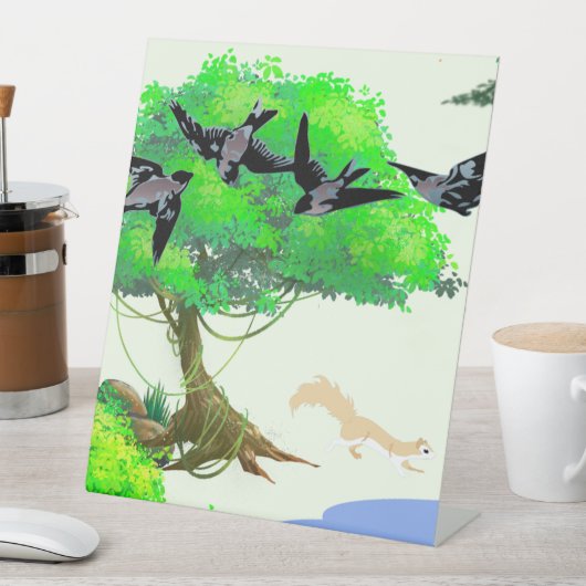 Lente Bos Leven met Vogels en Eekhoorn - Natuur Reclamebord Met Voetstuk (Insitu)