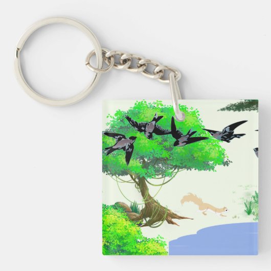 Lente Bos Leven met Vogels en Eekhoorn - Natuur Sleutelhanger (voorkant)