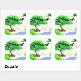 Lente Bos Leven met Vogels en Eekhoorn - Natuur Vierkante Sticker