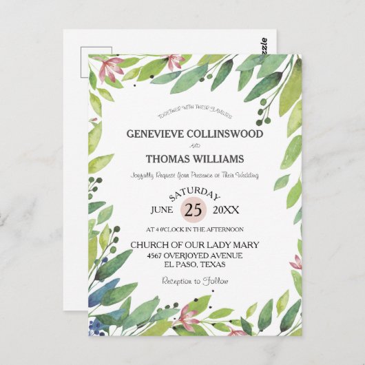  lente botanische dubbelroze bruiloft uitnodigen briefkaart (Voorkant / Achterkant)