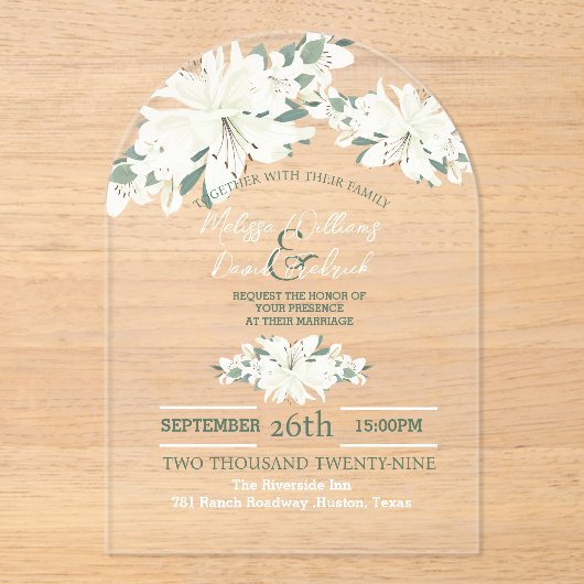 Lente Botanische Groen Witte Bloemen Huwelijk Acryl Uitnodigingen (Voorkant)