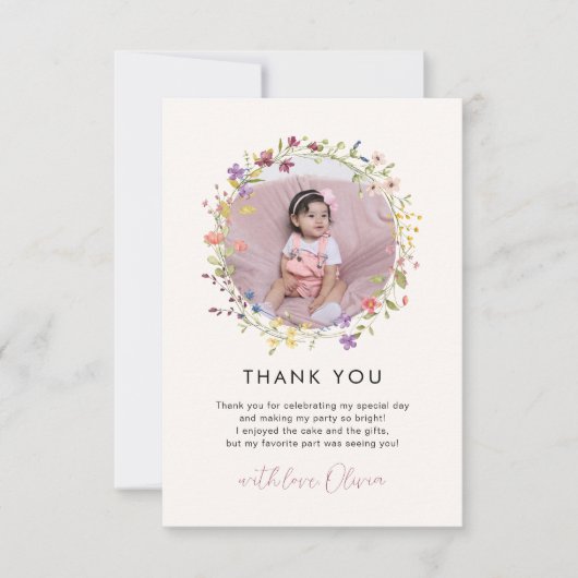 Lente Botanische Wilde Bloem 1e Verjaardagsfeestje Bedankkaart (Voorkant)