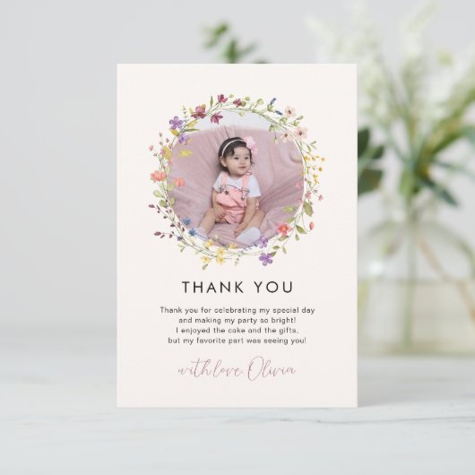 Lente Botanische Wilde Bloem 1e Verjaardagsfeestje Bedankkaart (Staand voorkant)