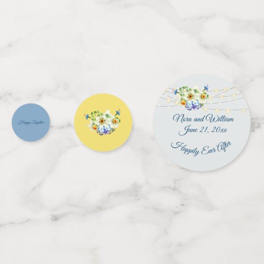 Lente bruiloft blauw en geel confetti (Achterkanten)