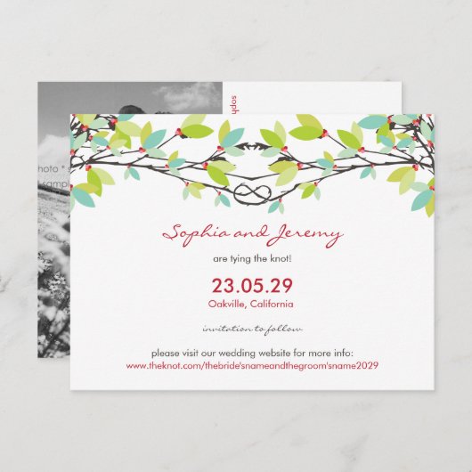 Lente bruiloft geknoopte liefdesbomen opslaan de d aankondigingskaart (Voorkant / Achterkant)