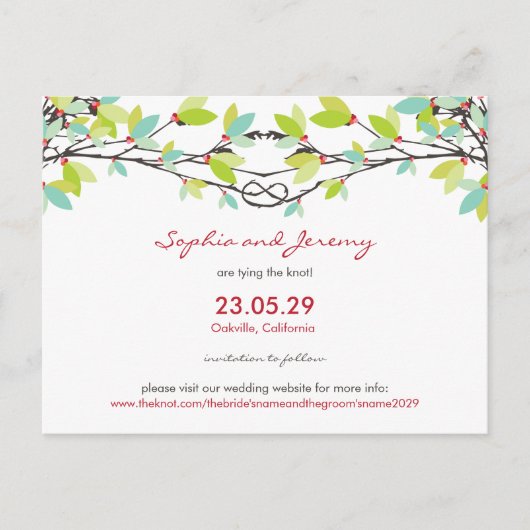 Lente bruiloft geknoopte liefdesbomen opslaan de d aankondigingskaart (Voorkant)