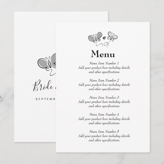 Lente bruiloft menu met elegante vlinder logo (Voorkant / Achterkant)