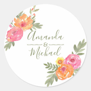 Lente bruiloft waterverf bloemen ronde sticker