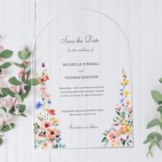 Lente bruiloft wilde bloem save the date acryl uitnodigingen