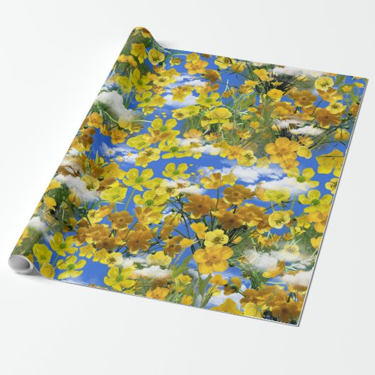 Lente Butercup bloemen in de wolken Cadeaupapier (Uitgerold)