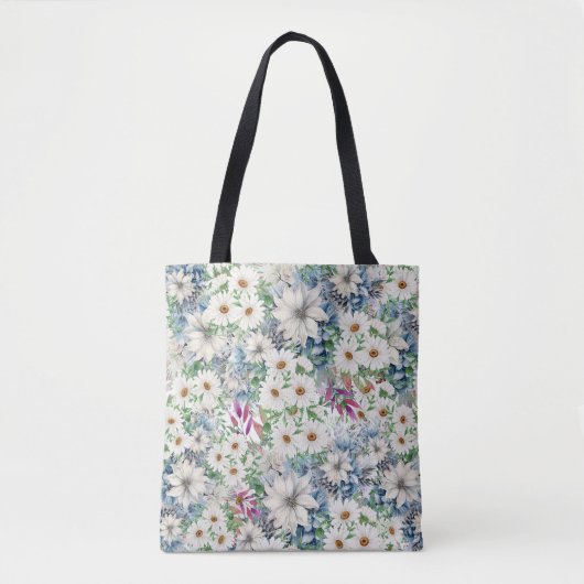 Lente Daisies & Blauw Bloemen Patroon Tote Bag (Voorkant)