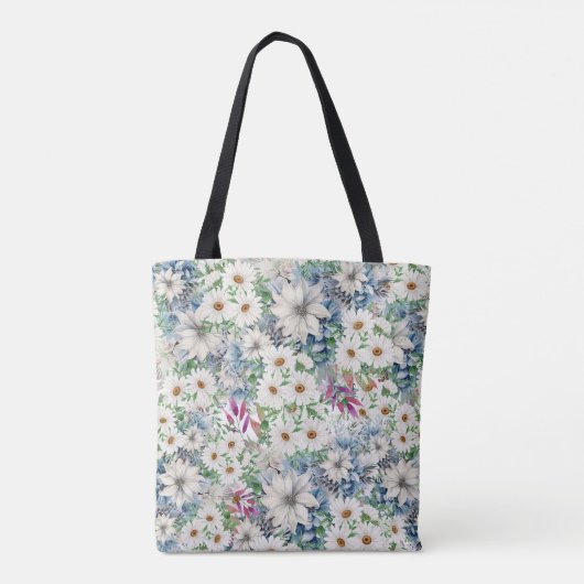 Lente Daisies & Blauw Bloemen Patroon Tote Bag (Achterkant)