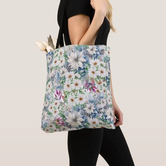 Lente Daisies & Blauw Bloemen Patroon Tote Bag (Dichtbij)