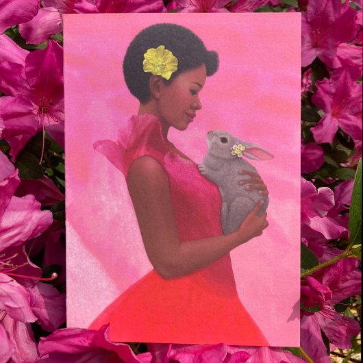 "Lente Dame met Konijn." Wenskaart Kaart