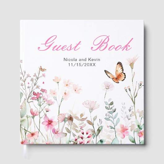 Lente Diep Roze Vlinder Bloem Bruiloft Gastenboek (Voorkant)
