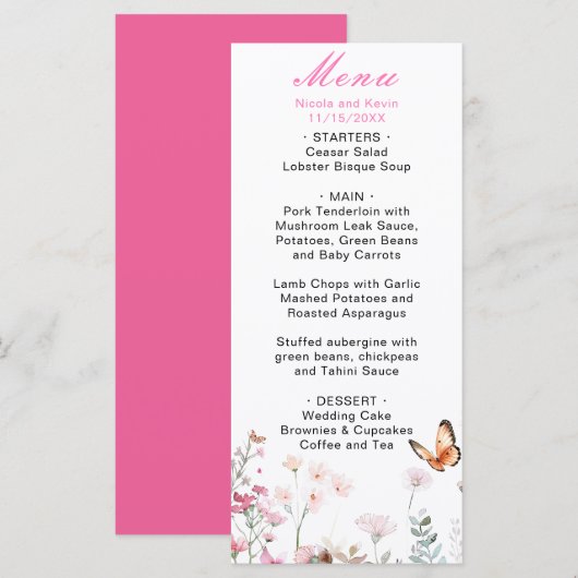 Lente Diep Roze Vlinder Bloem Bruiloft Menu (Voorkant / Achterkant)