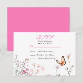 Lente Diep Roze Vlinder Bloem Bruiloft RSVP Kaartje