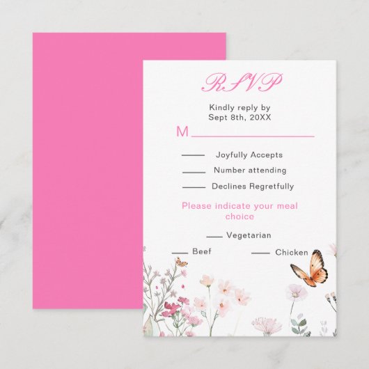 Lente Diep Roze Vlinder Bloem Bruiloft RSVP Kaartje (Voorkant / Achterkant)