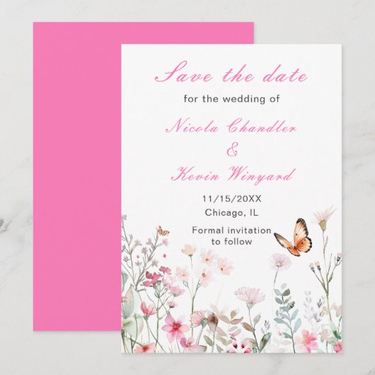 Lente Diep Roze Vlinder Bloem Bruiloft Save The Date (Voorkant / Achterkant)