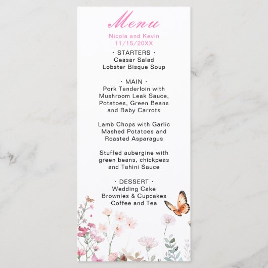 Lente Diep Roze Vlinder Bloemige Trouwdag Menu (Voorkant)