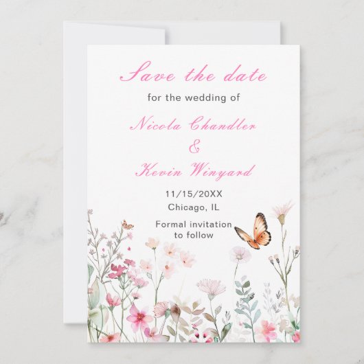 Lente Dieproze Vlinder Bloemige Bruiloft Save The Date (Voorkant)
