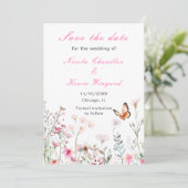 Lente Dieproze Vlinder Bloemige Bruiloft Save The Date (Staand voorkant)