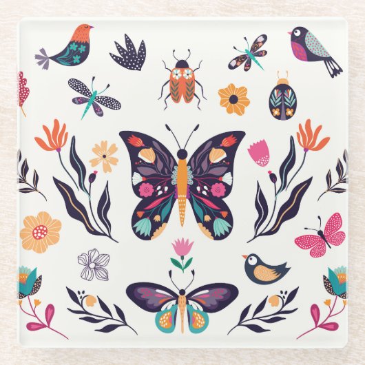 Lente Elementen Vlinders Vogels Bloemen Glazen Onderzetter (Voorkant)