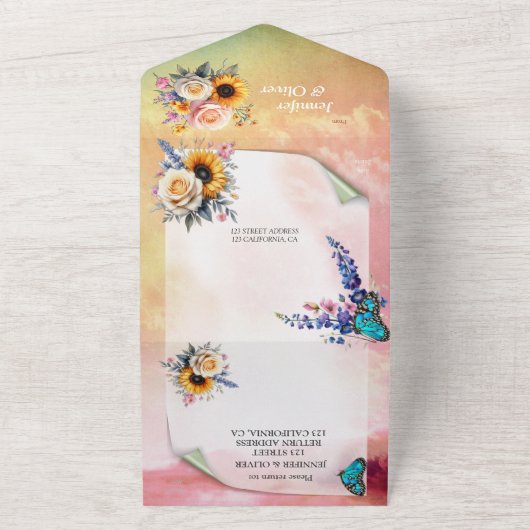 Lente en Zomer Bloeiende Bloemen All In One Uitnodiging (Buitenkant)