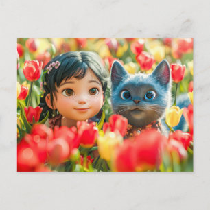 Lente Fantasie Meisje en Kat in Tulpen Feestdagenkaart