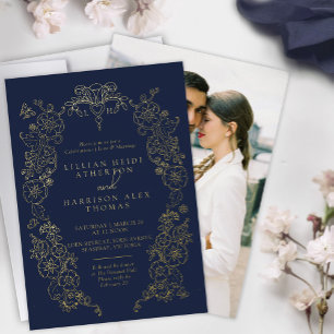 Lente Fleur de lis bruiloft donkerblauw goud Folie Uitnodiging